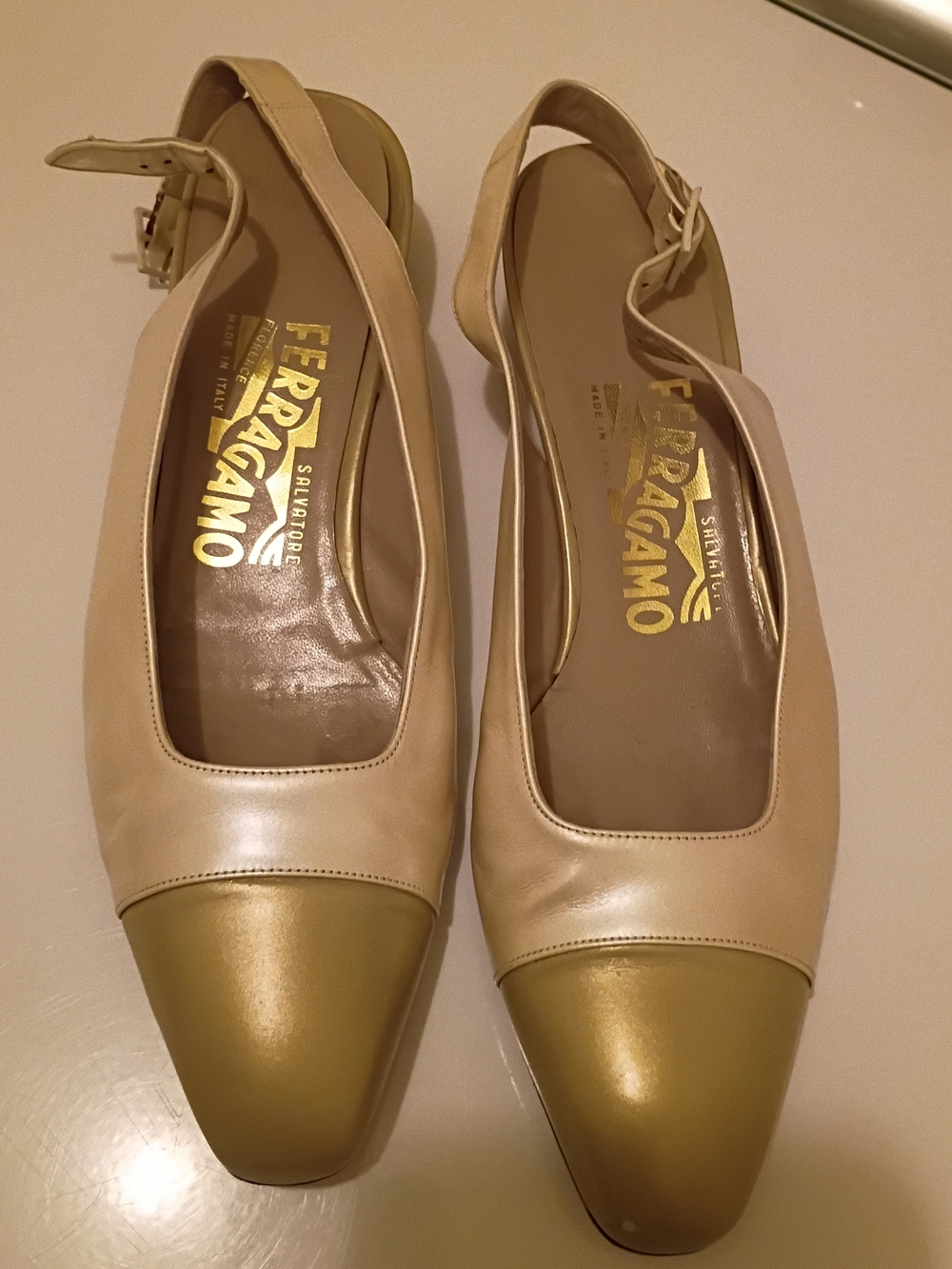 Salvatore Ferragamo Beige & Gold Slingback Flats